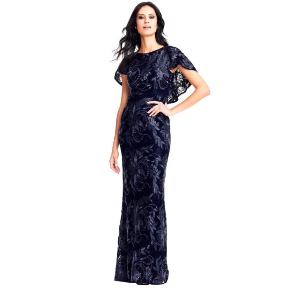 Adrianna Papell Formal Embellished Capelet Navy Blue Dress Evening Gown Dress 10